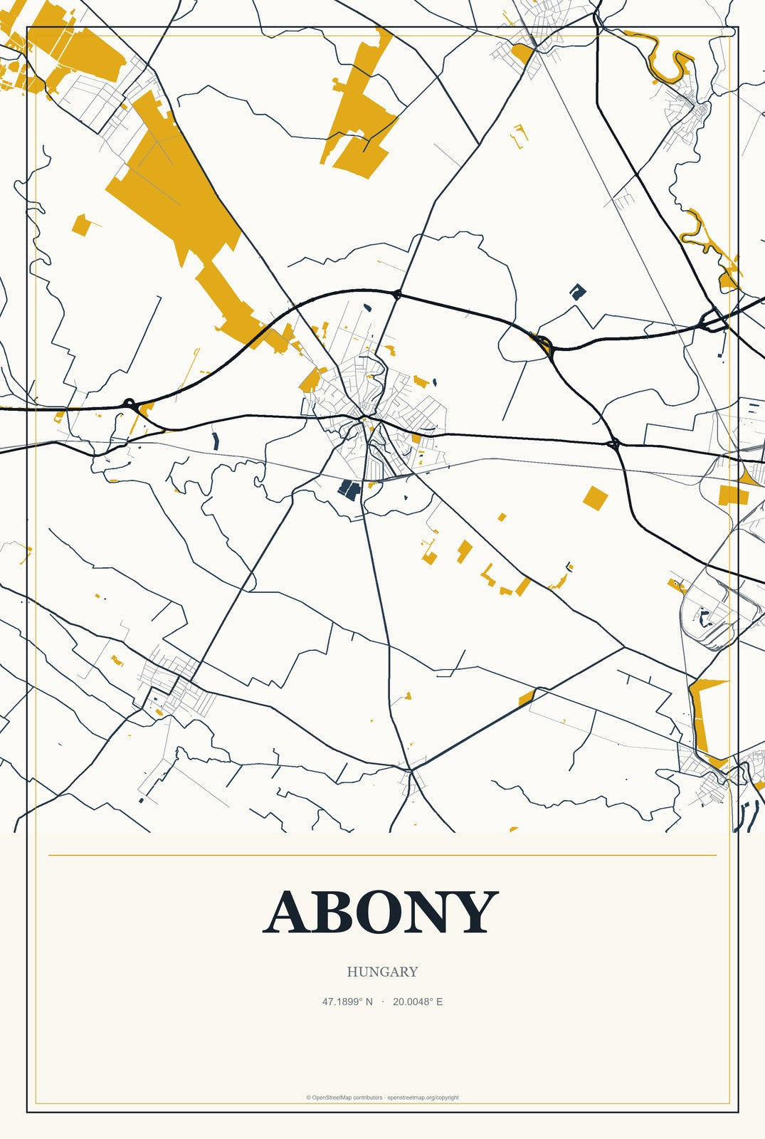 Abony, Hungary City Map Aluminum Sign in Citrine Modern style