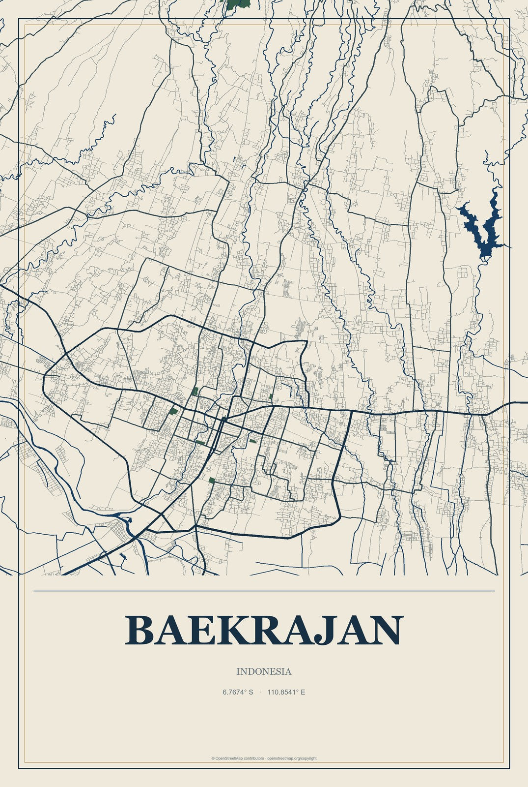 Baekrajan, Indonesia City Map Aluminum Sign in Coastal Cutout style
