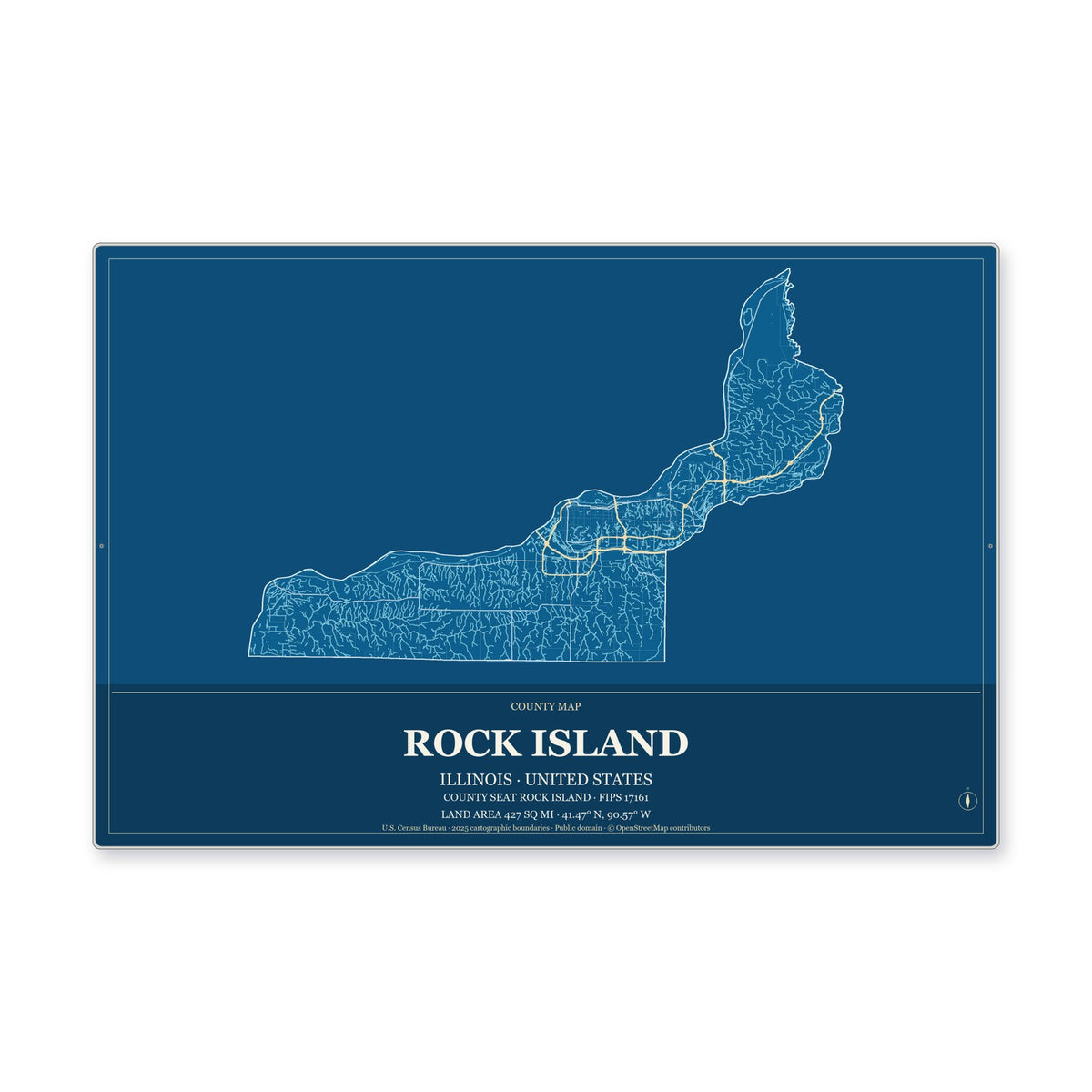 Rock Island County, Illinois Map Aluminum Sign in Harbor Cobalt style