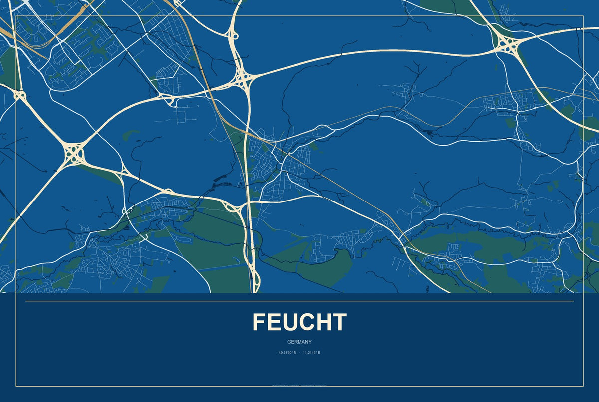 Feucht, Germany City Map Aluminum Sign in Harbor Cobalt style