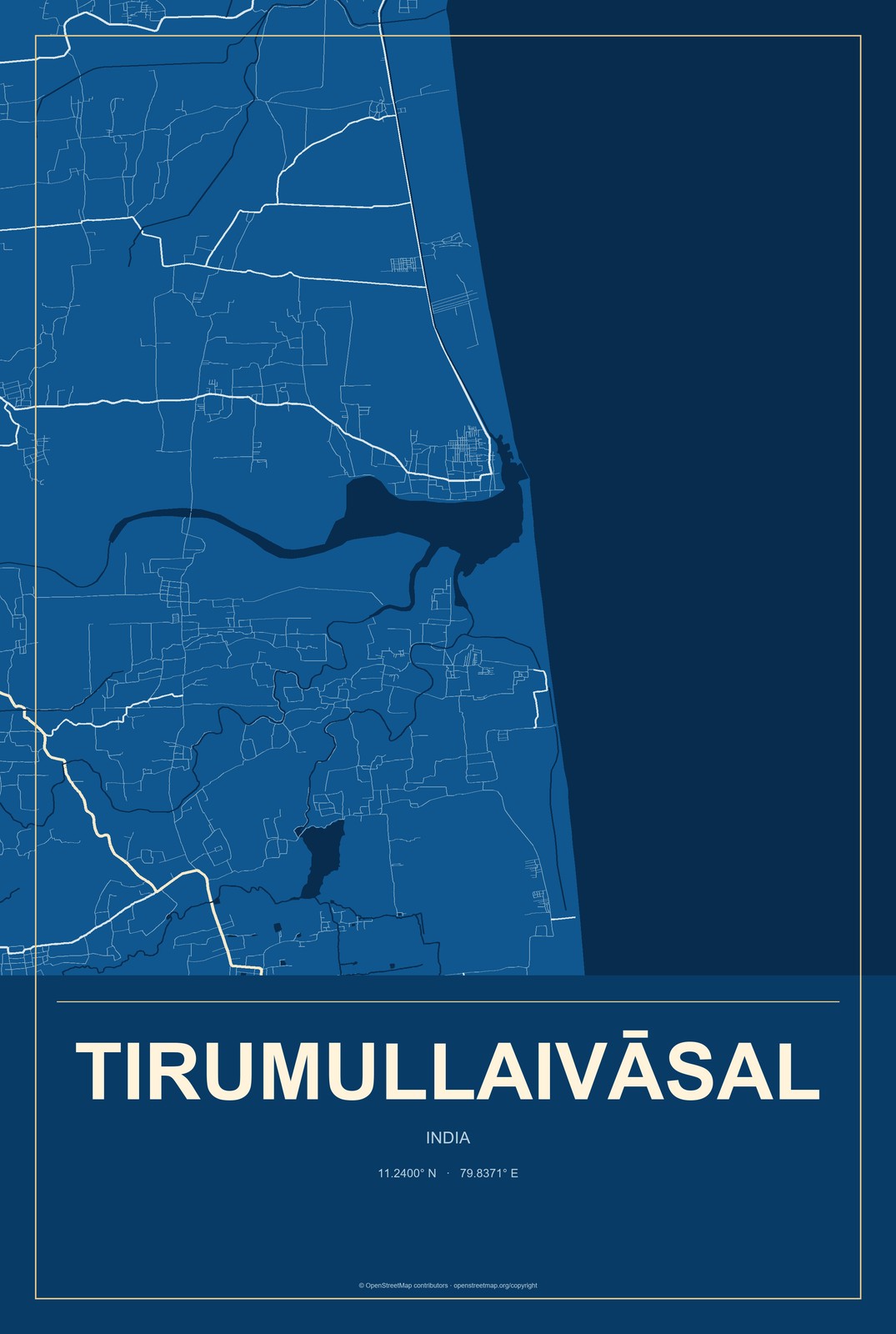 Tirumullaivāsal, India City Map Aluminum Sign in Harbor Cobalt style