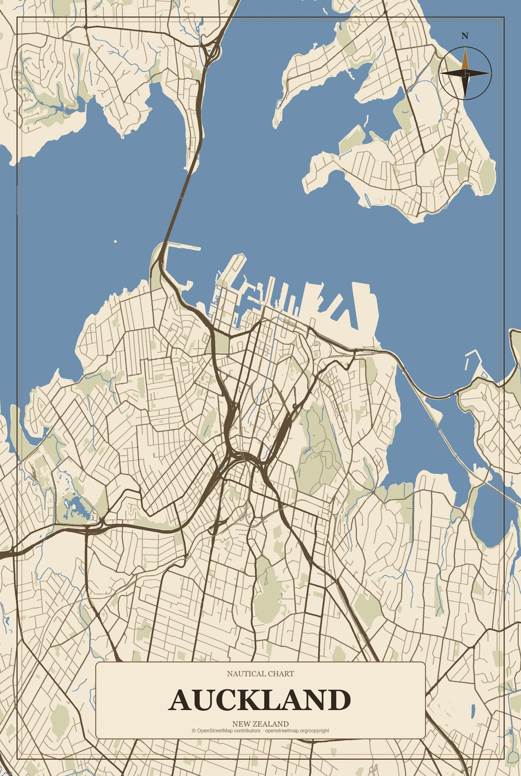 Auckland, New Zealand City Map Aluminum Sign in Heritage Nautical style