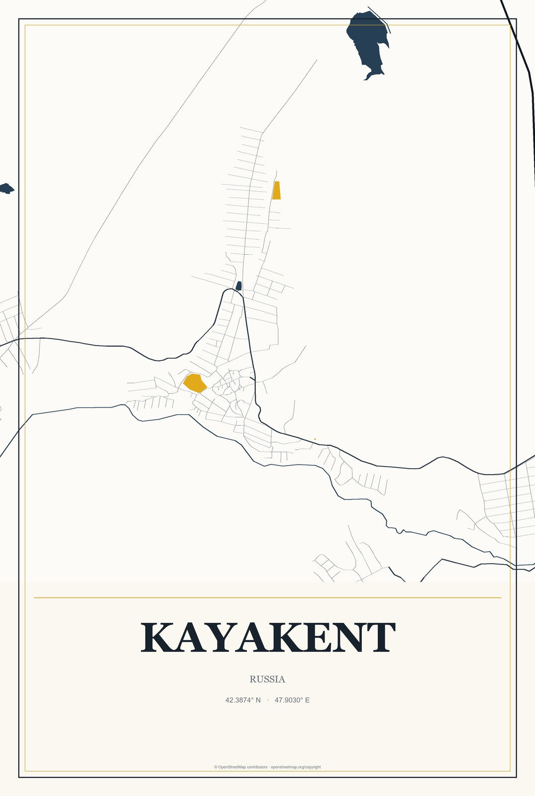 Kayakent, Russia City Map Aluminum Sign in Citrine Modern style