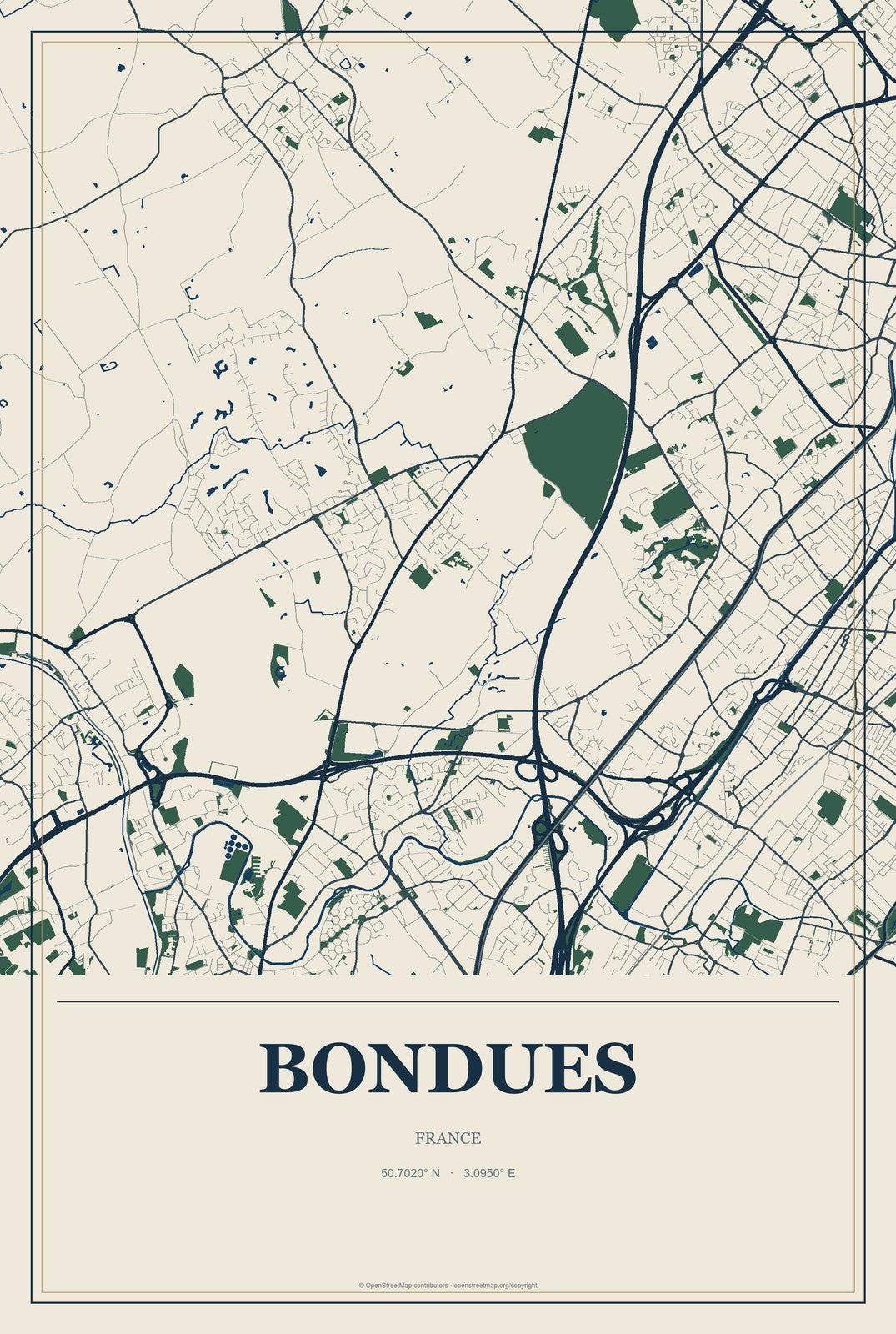 Bondues, France City Map Aluminum Sign in Coastal Cutout style