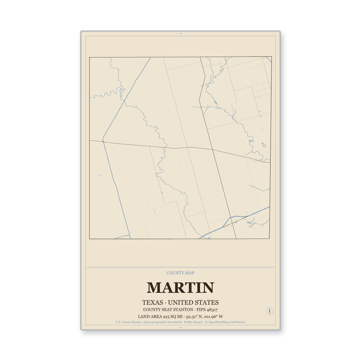 Martin County, Texas Map Aluminum Sign in Heritage Nautical style