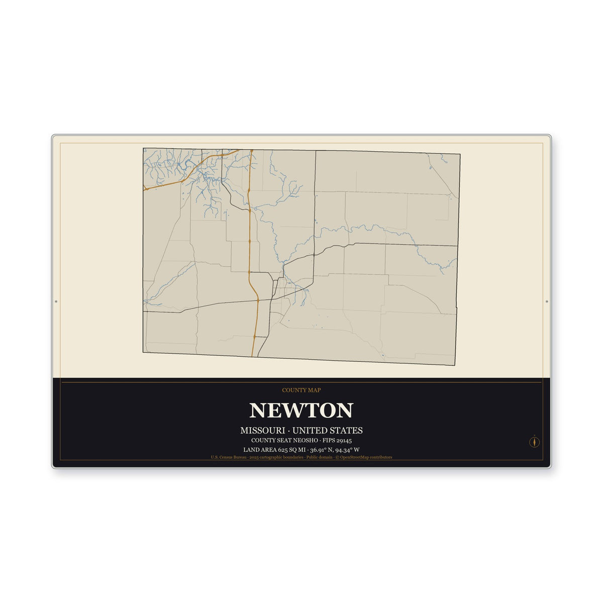 Newton County, Missouri Map Aluminum Sign in Museum Plaque style