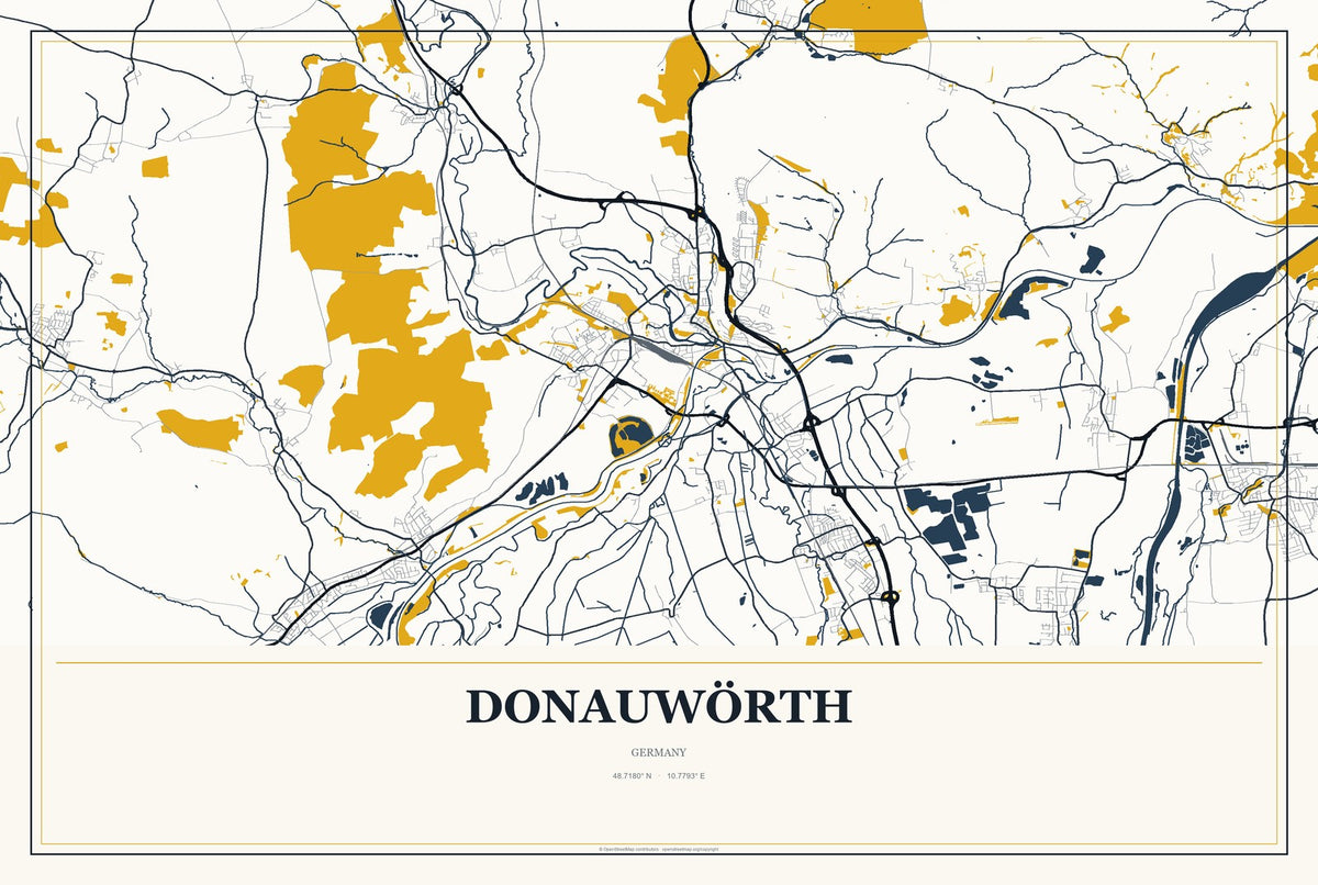 Donauwörth, Germany City Map Aluminum Sign in Citrine Modern style