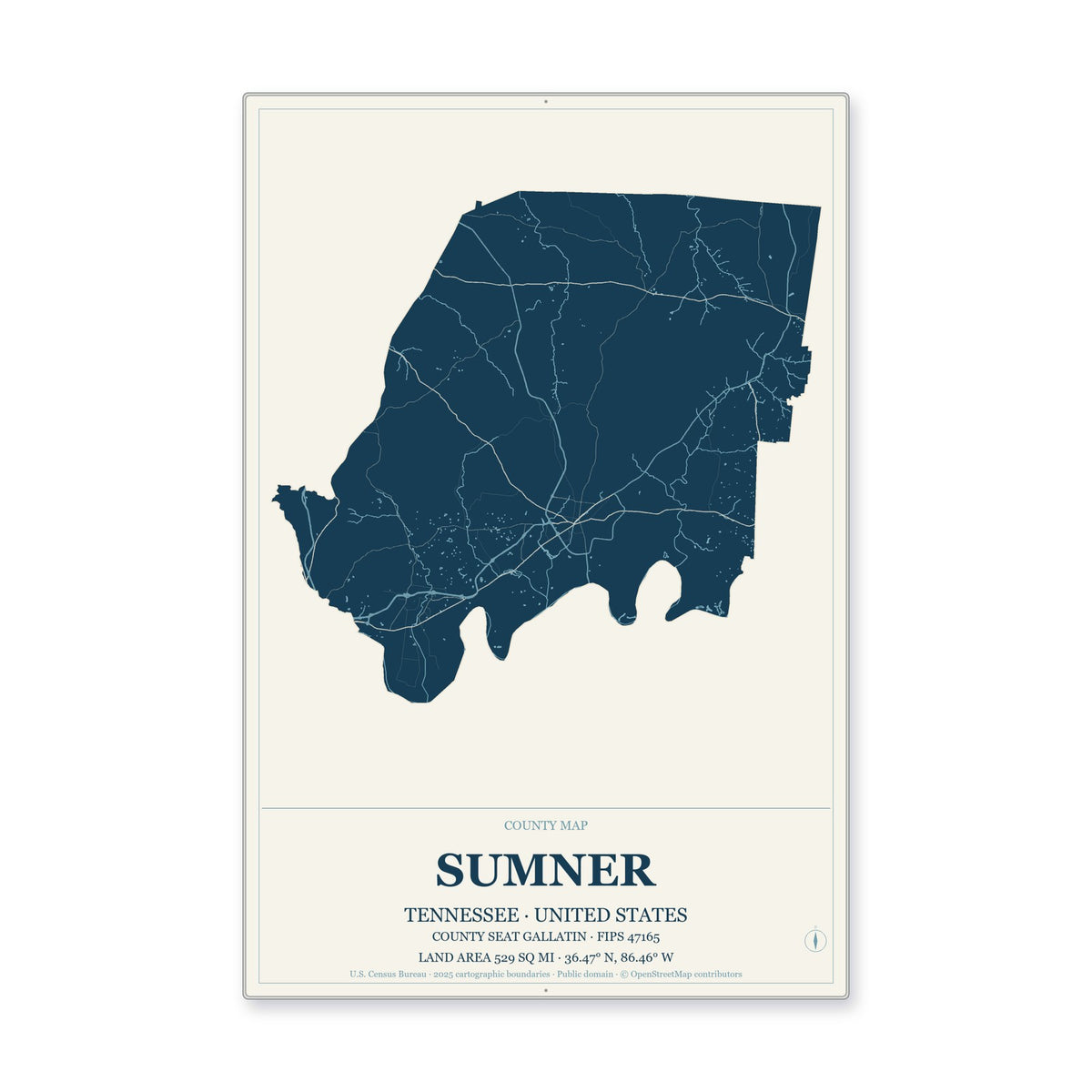 Sumner County, Tennessee Map Aluminum Sign in Coastal Cutout style