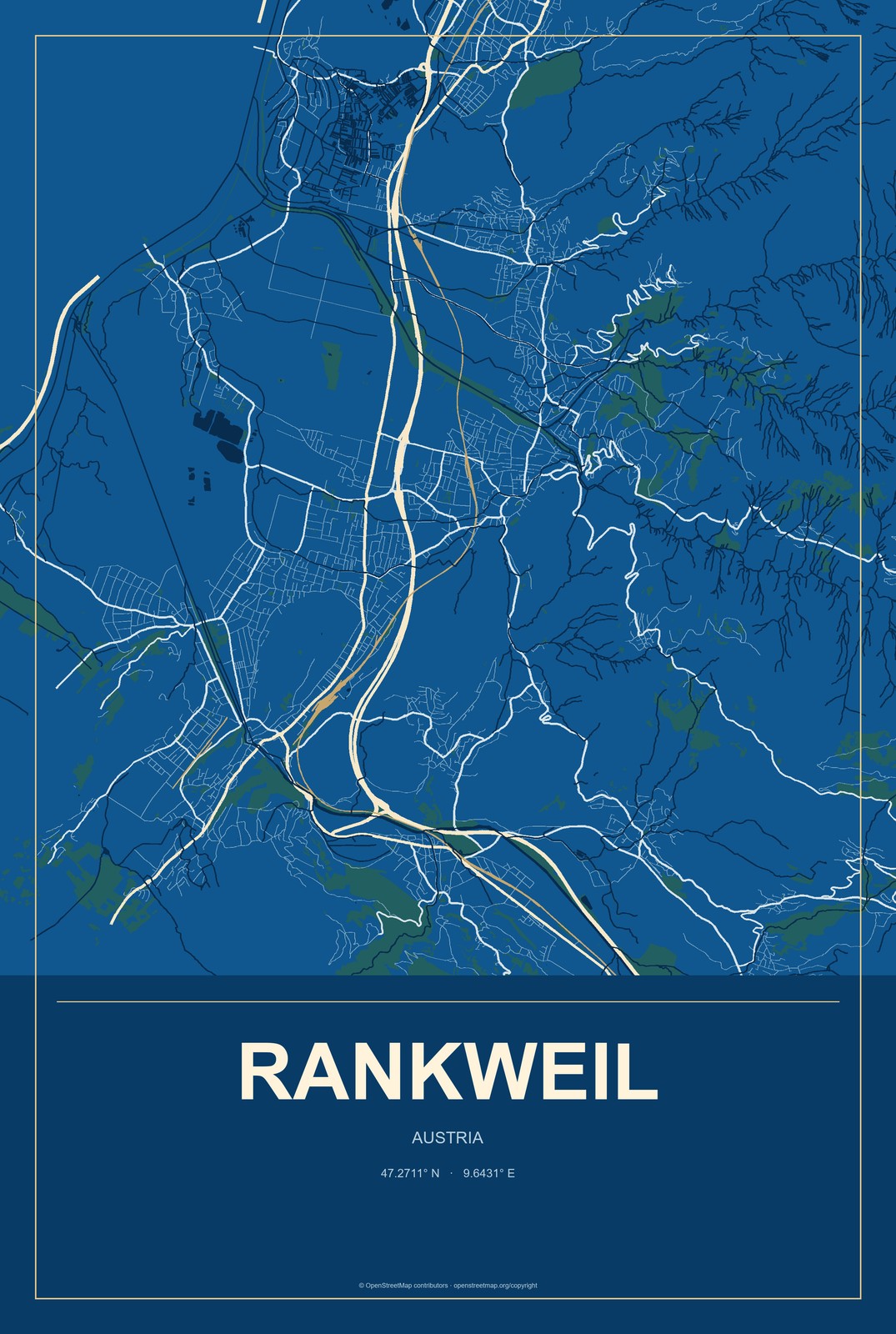 Rankweil, Austria City Map Aluminum Sign in Harbor Cobalt style