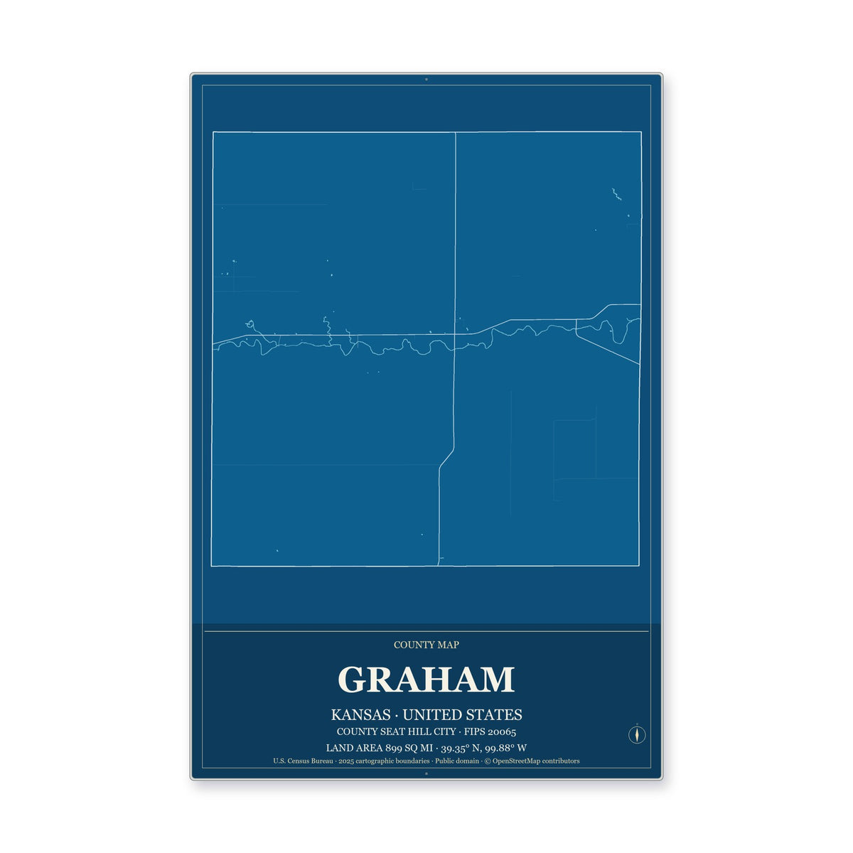 Graham County, Kansas Map Aluminum Sign in Harbor Cobalt style