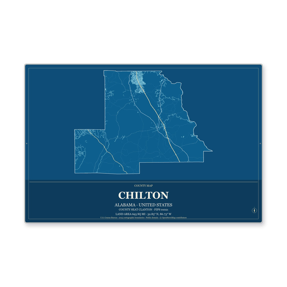Chilton County, Alabama Map Aluminum Sign in Harbor Cobalt style