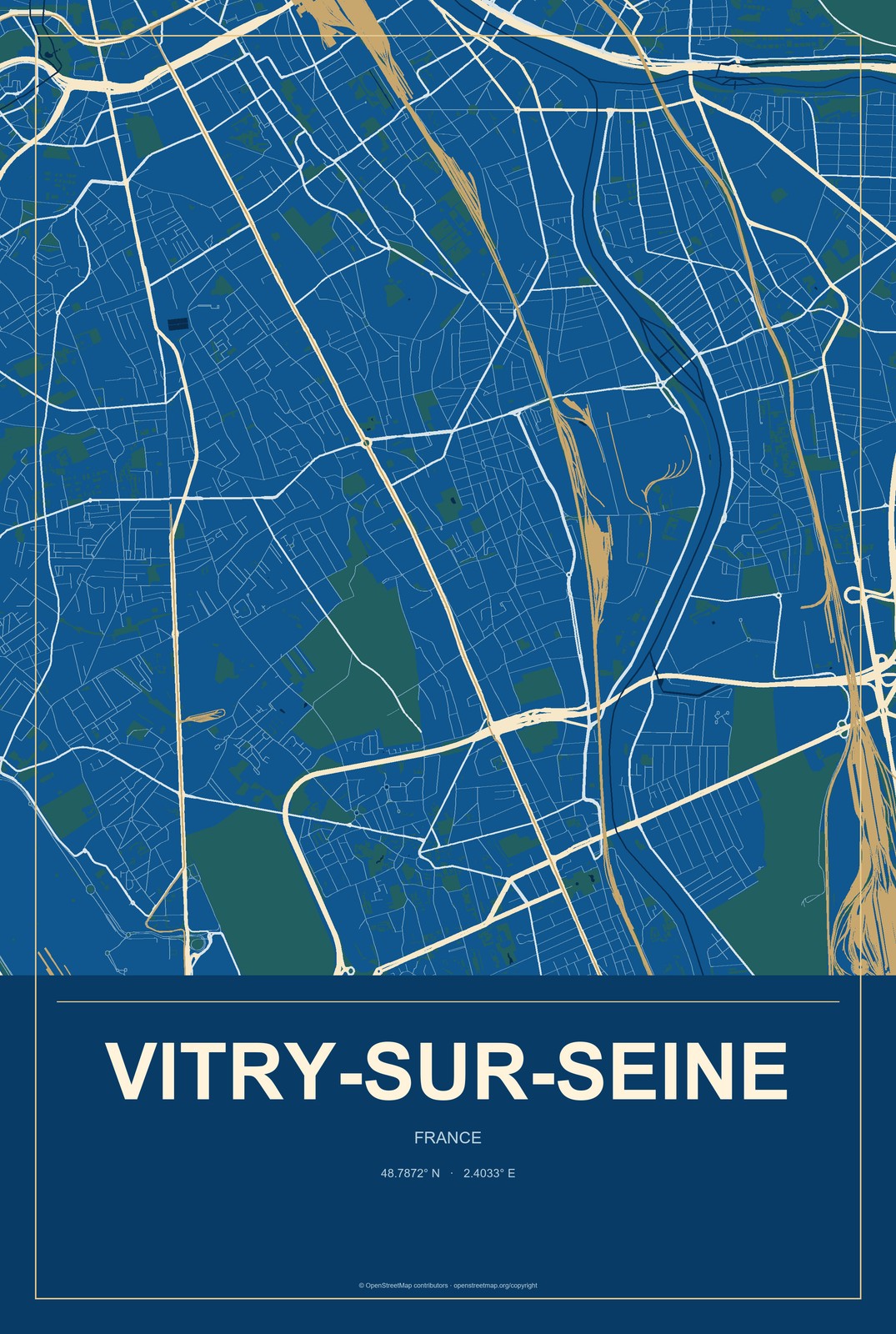 Vitry-sur-Seine, France City Map Aluminum Sign in Harbor Cobalt style