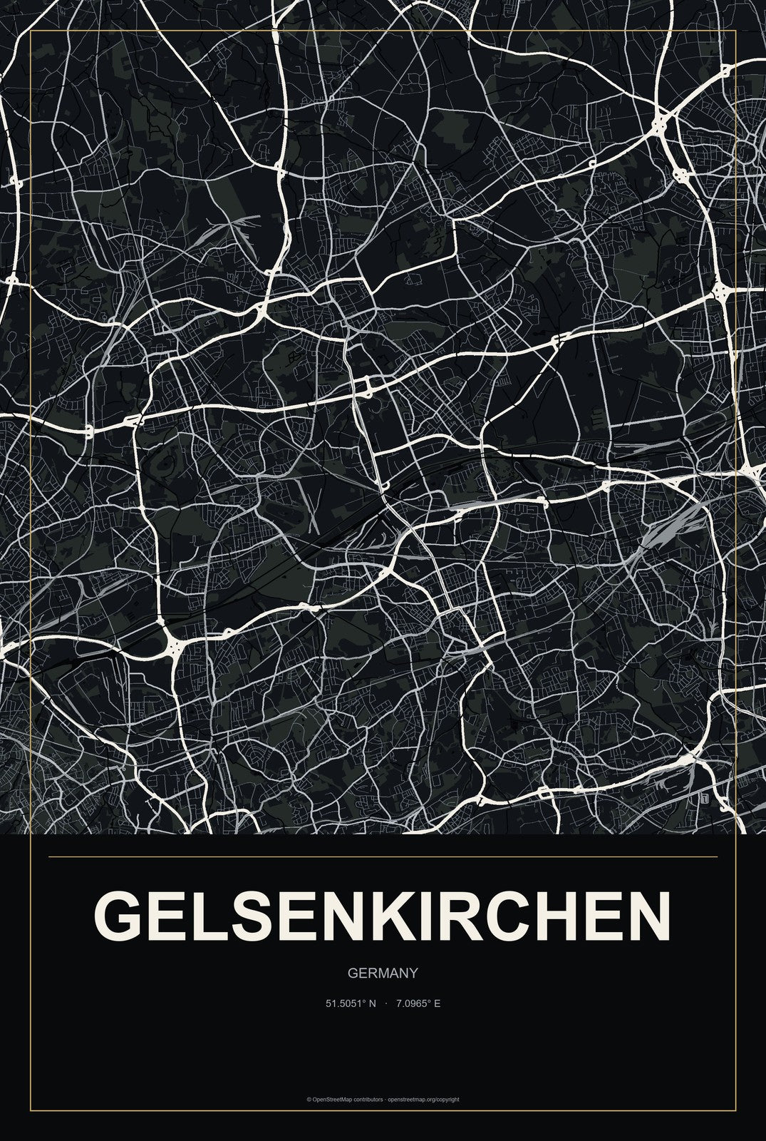 Gelsenkirchen, Germany City Map Aluminum Sign in Metropolitan Noir style