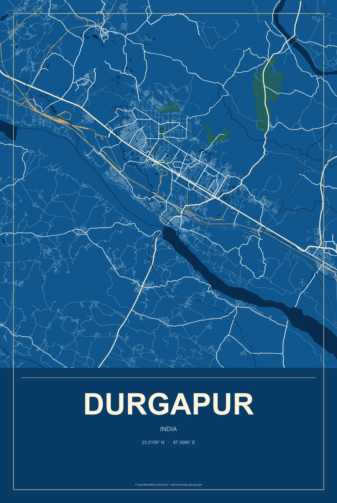 Durgapur, India City Map Aluminum Sign in Harbor Cobalt style