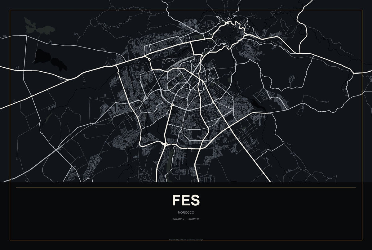 Fes, Morocco City Map Aluminum Sign in Metropolitan Noir style