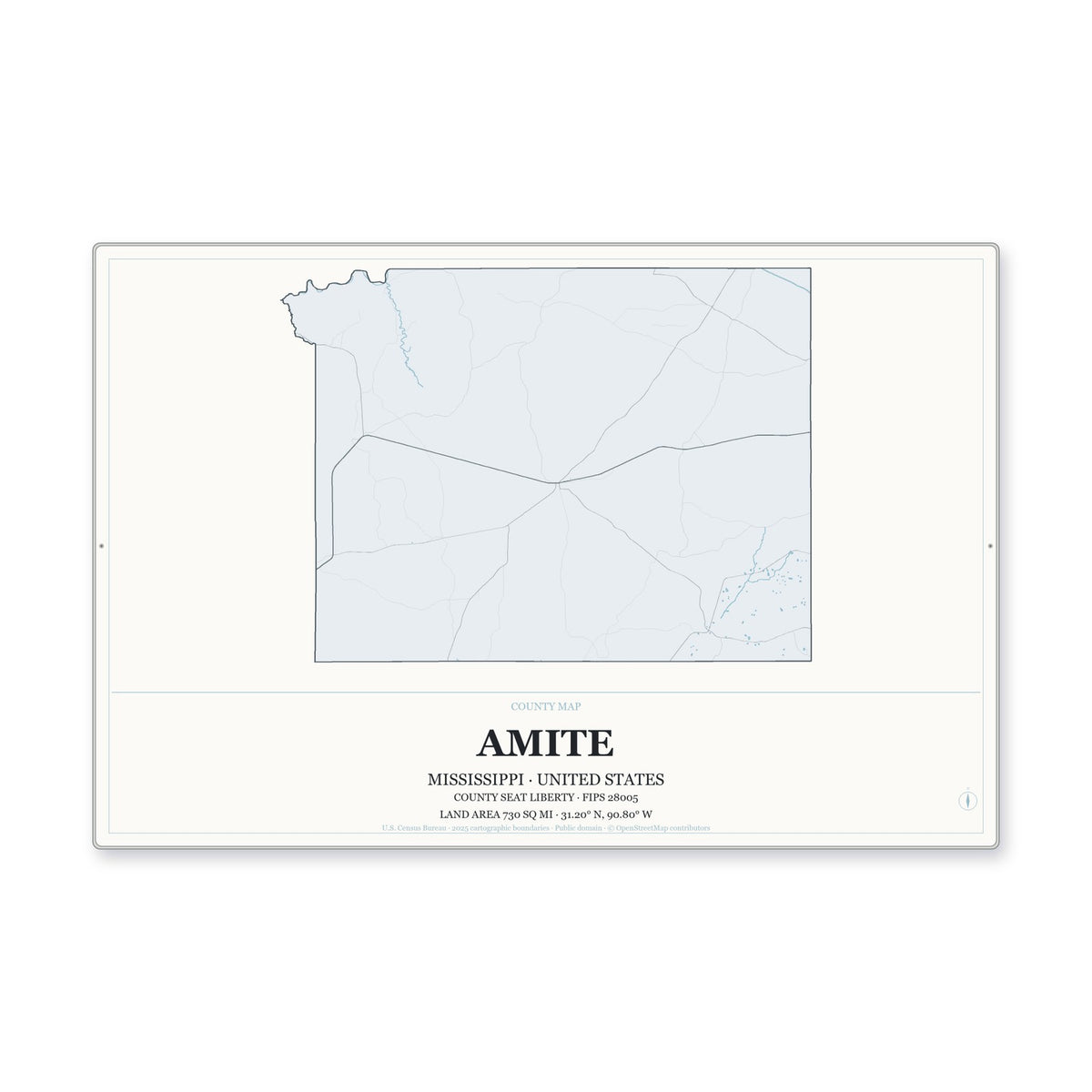 Amite County, Mississippi Map Aluminum Sign in Gallery Air style
