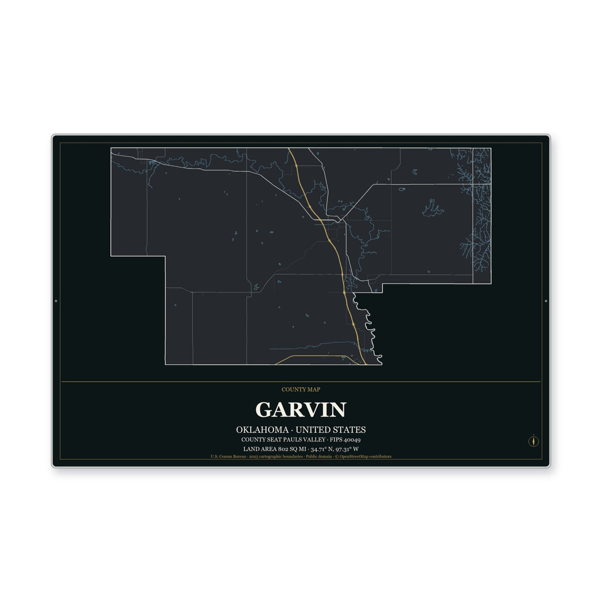 Garvin County, Oklahoma Map Aluminum Sign in Metropolitan Noir style