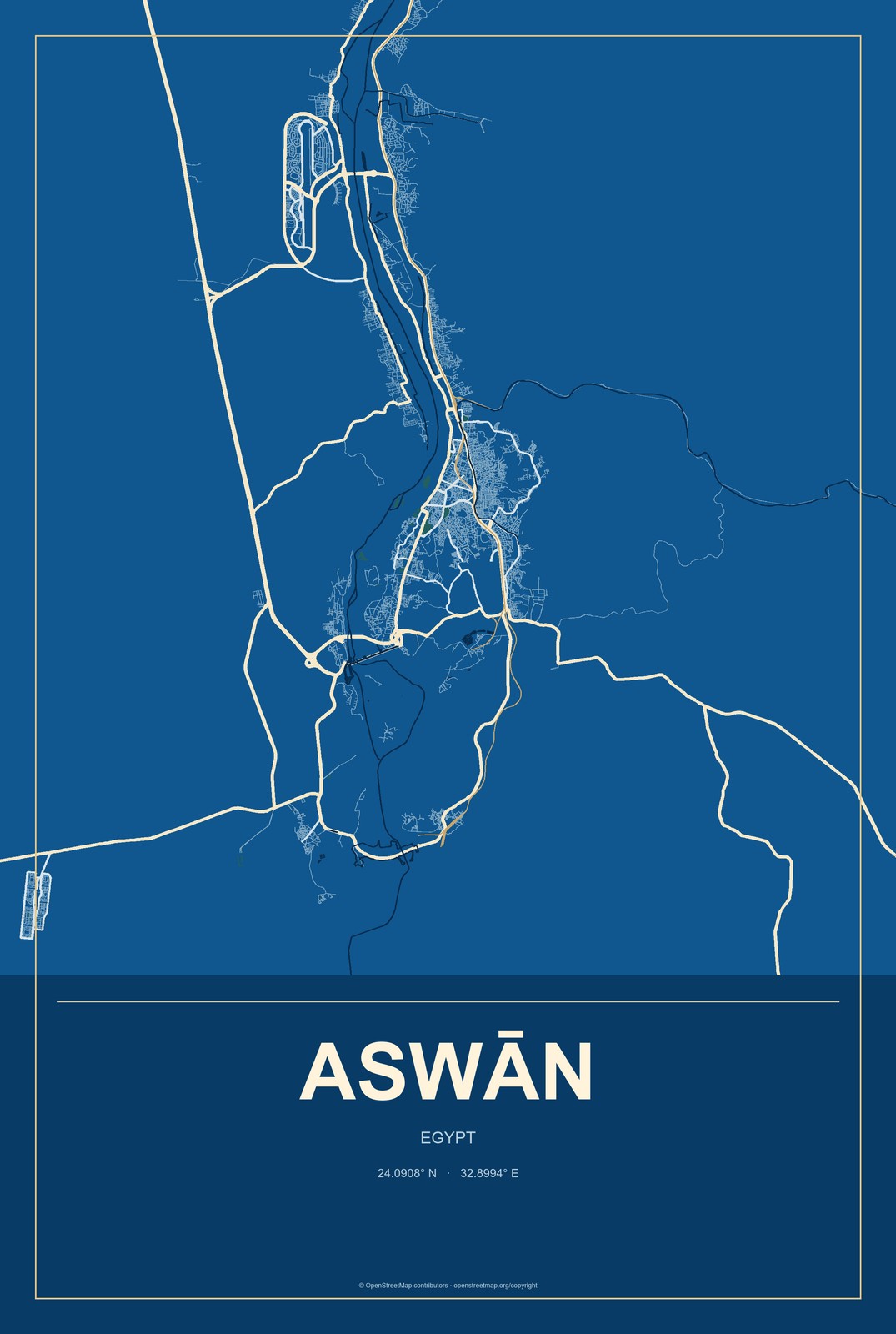 Aswān, Egypt City Map Aluminum Sign in Harbor Cobalt style