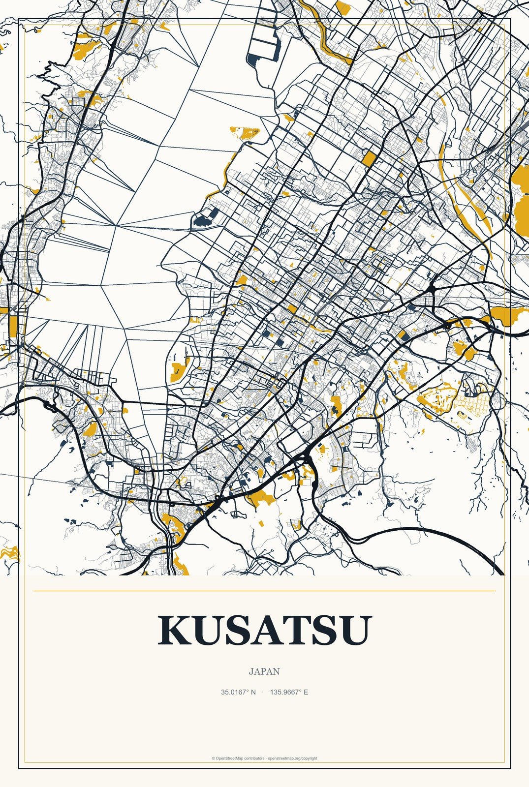 Kusatsu, Japan City Map Aluminum Sign in Citrine Modern style