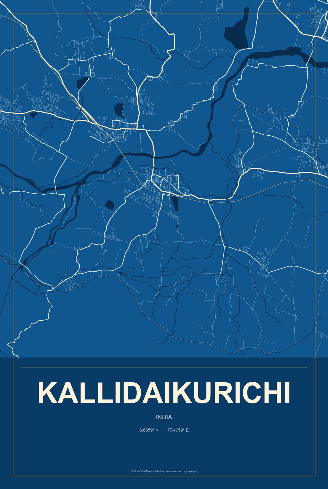 Kallidaikurichi, India City Map Aluminum Sign in Harbor Cobalt style
