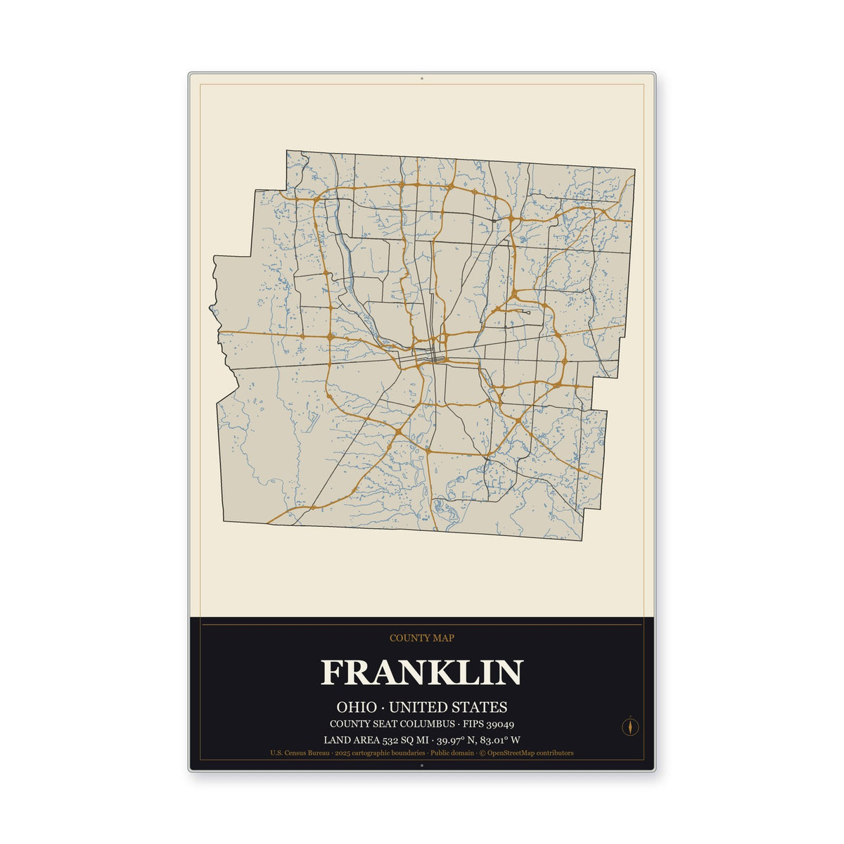 Franklin County, Ohio Map Aluminum Sign in Museum Plaque style