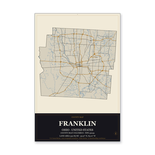 Franklin County, Ohio Map Aluminum Sign in Museum Plaque style