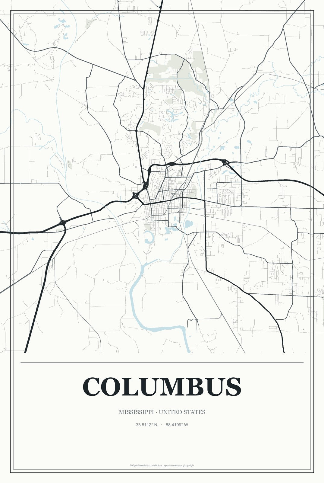 Columbus, Mississippi City Map Aluminum Sign in Gallery Air style