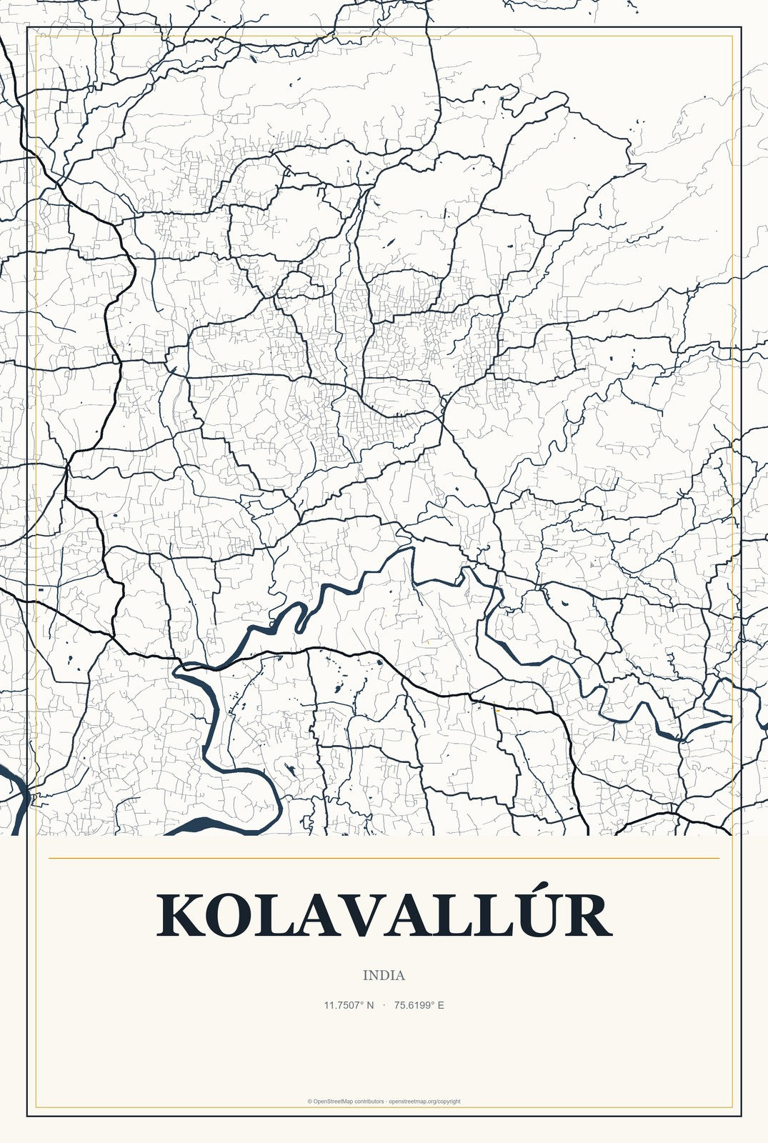 Kolavallúr, India City Map Aluminum Sign in Citrine Modern style