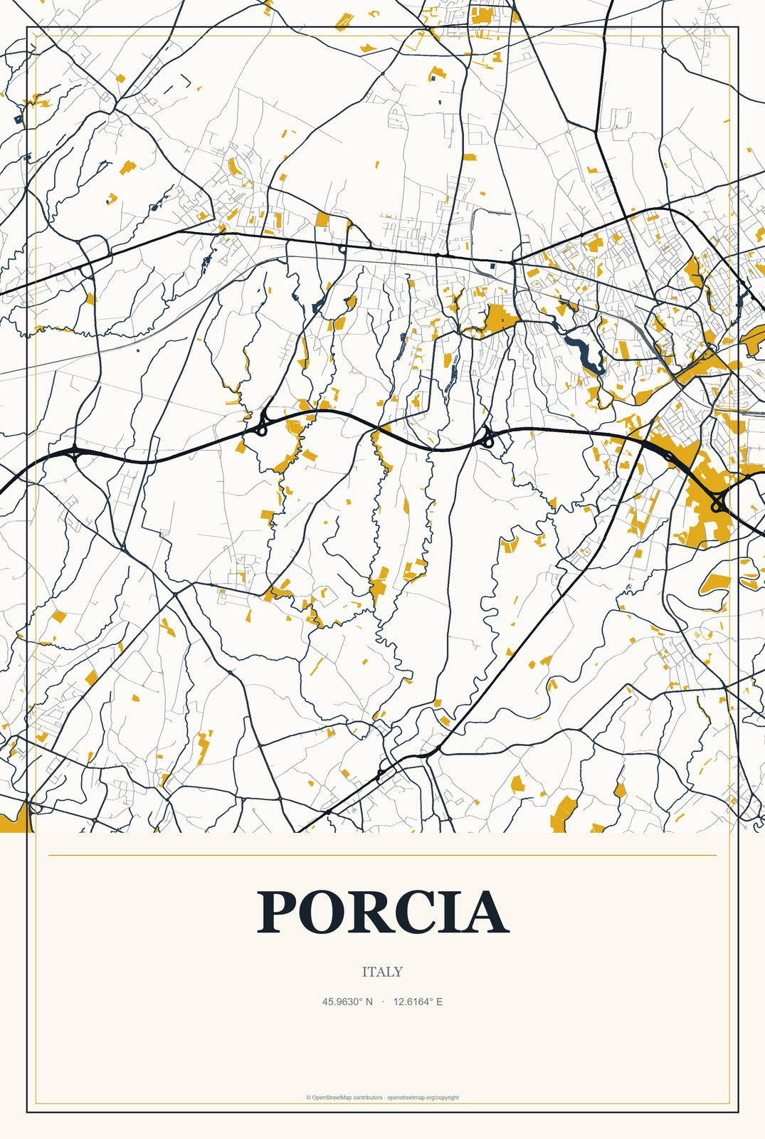Porcia, Italy City Map Aluminum Sign in Citrine Modern style