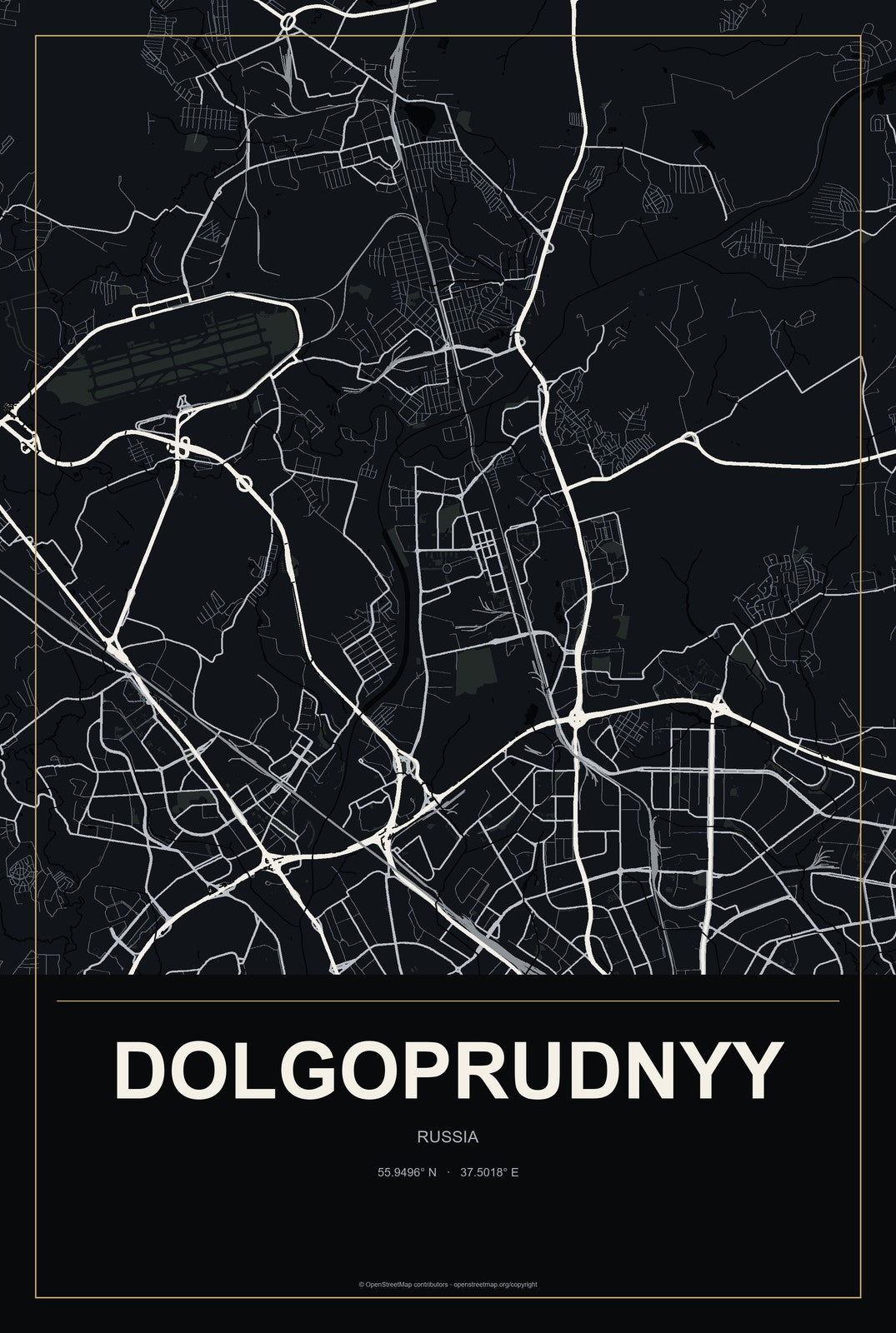 Dolgoprudnyy, Russia City Map Aluminum Sign in Metropolitan Noir style