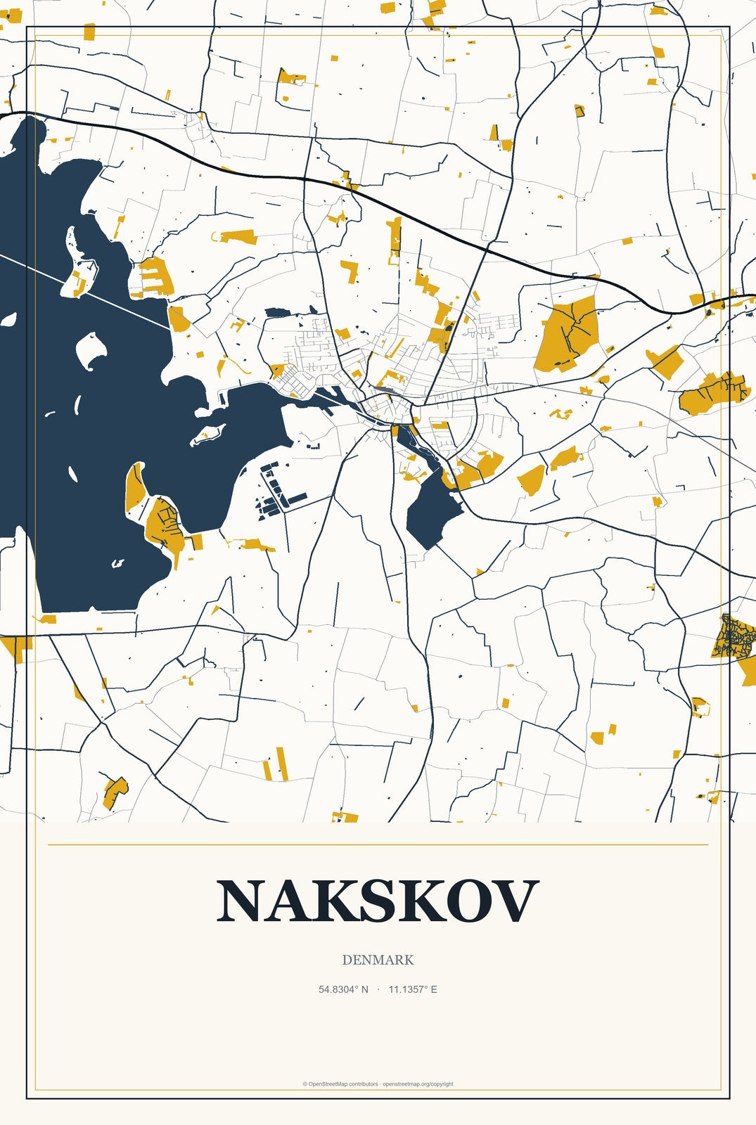 Nakskov, Denmark City Map Aluminum Sign in Citrine Modern style