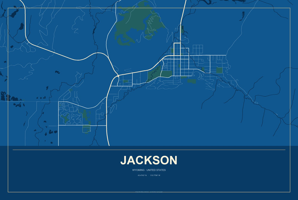 Jackson, Wyoming City Map Aluminum Sign in Harbor Cobalt style