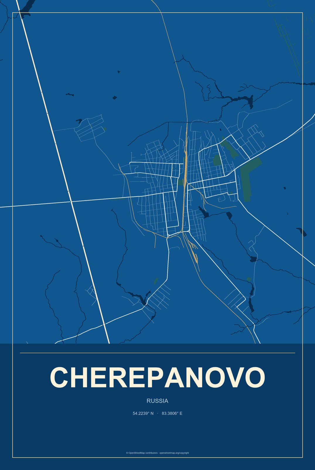 Cherepanovo, Russia City Map Aluminum Sign in Harbor Cobalt style