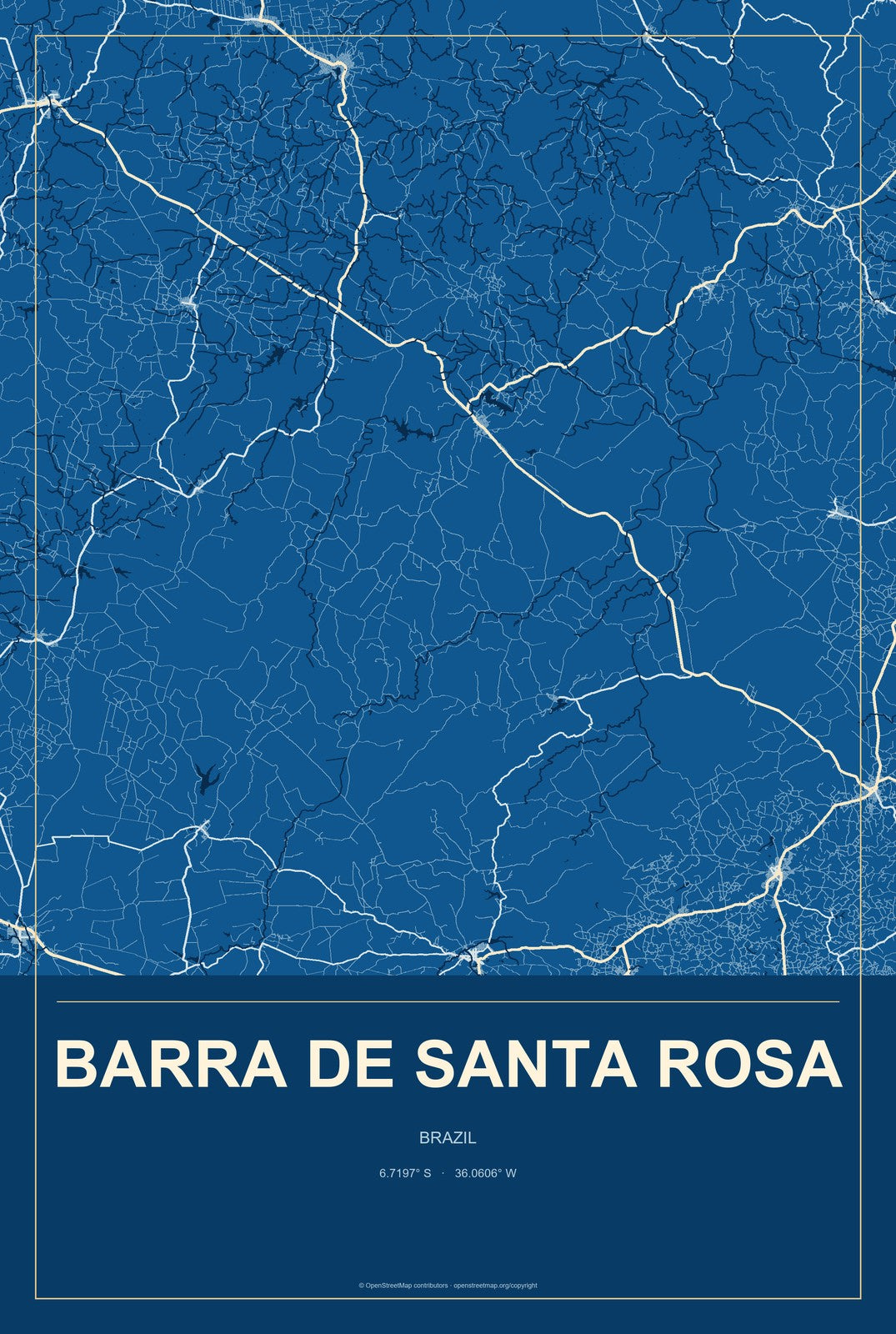 Barra de Santa Rosa, Brazil City Map Aluminum Sign in Harbor Cobalt style