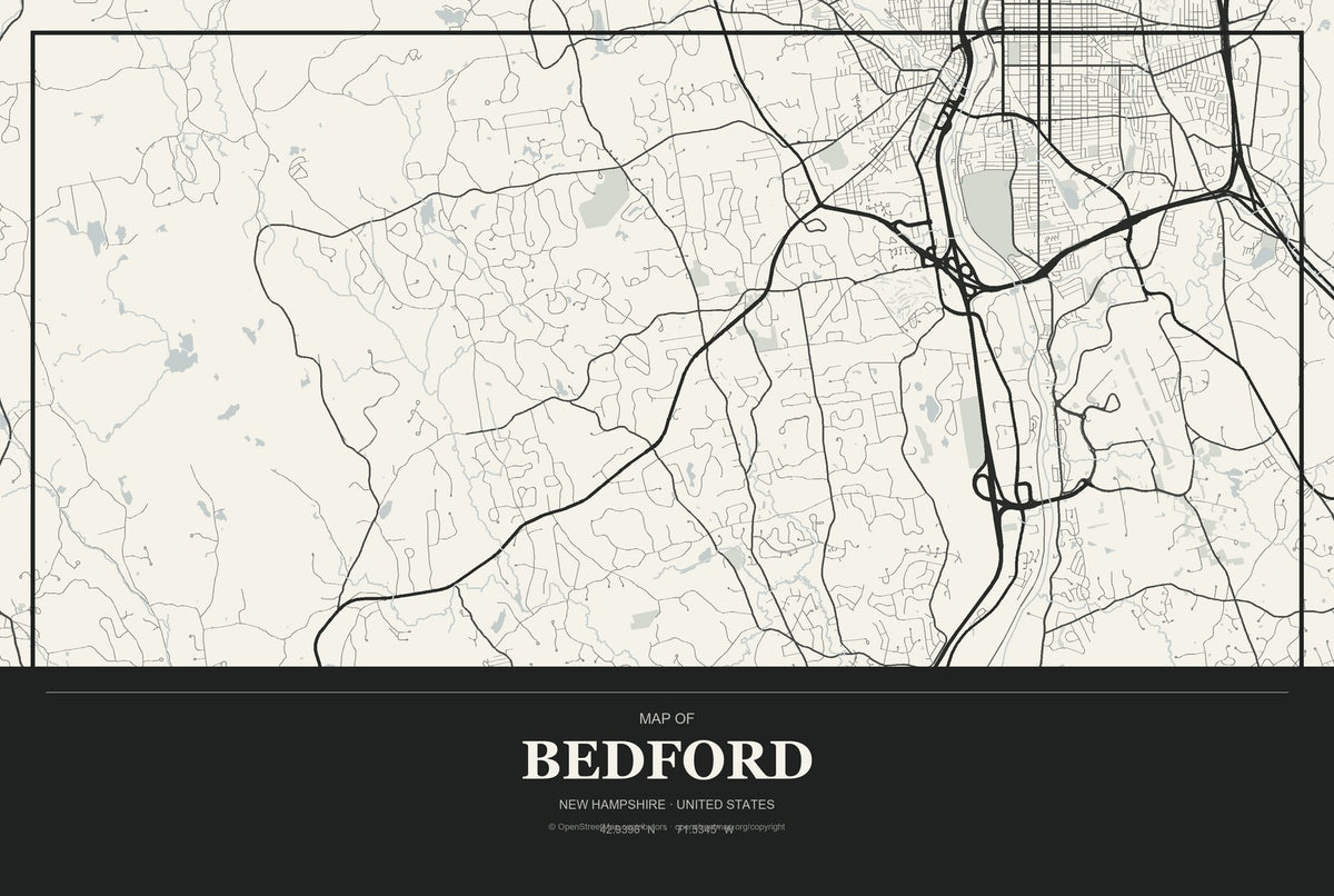 Bedford, New Hampshire City Map Aluminum Sign in Museum Plaque style