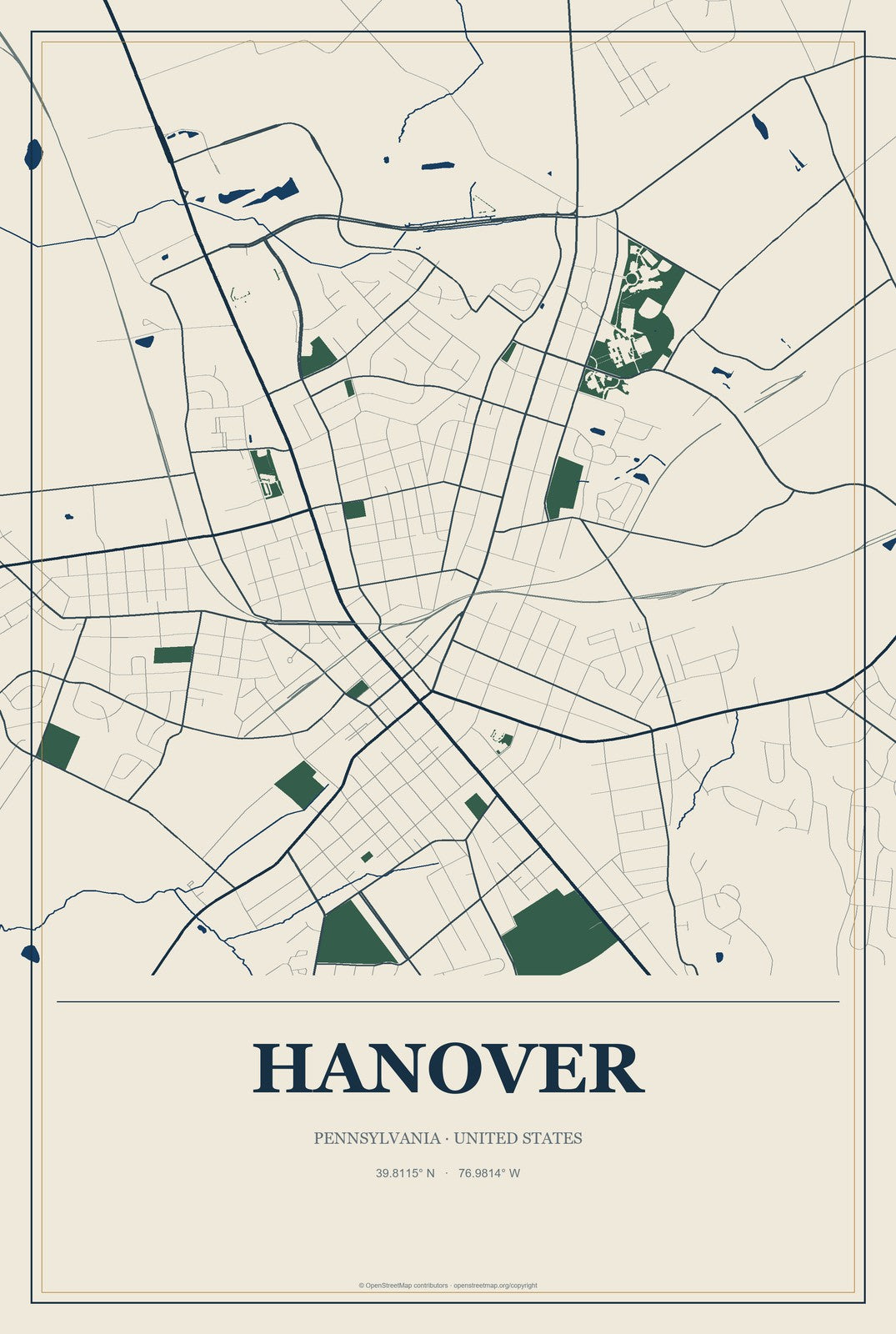 Hanover, Pennsylvania City Map Aluminum Sign in Coastal Cutout style