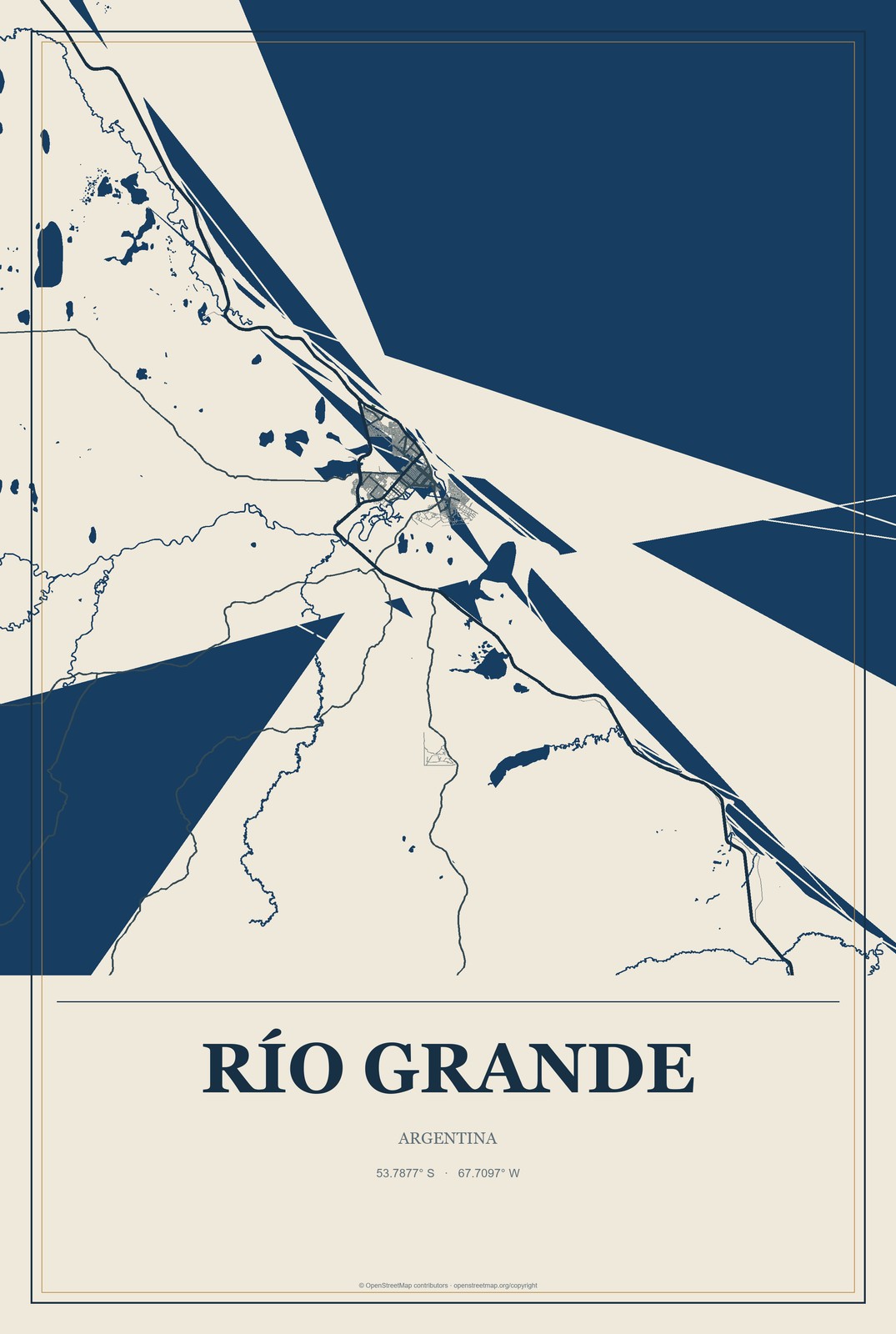 Río Grande, Argentina City Map Aluminum Sign in Coastal Cutout style
