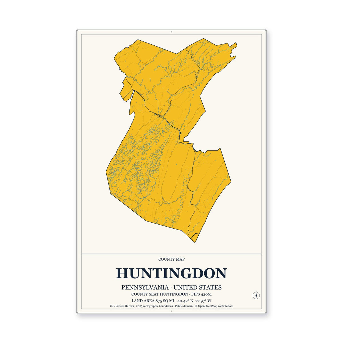 Huntingdon County, Pennsylvania Map Aluminum Sign in Citrine Modern style