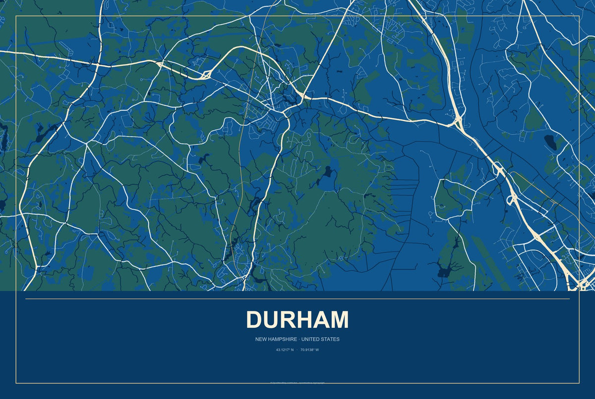 Durham, New Hampshire City Map Aluminum Sign in Harbor Cobalt style