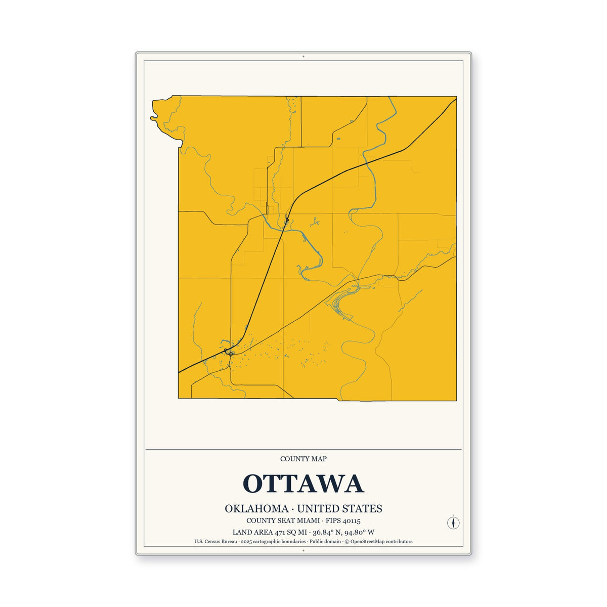 Ottawa County, Oklahoma Map Aluminum Sign in Citrine Modern style