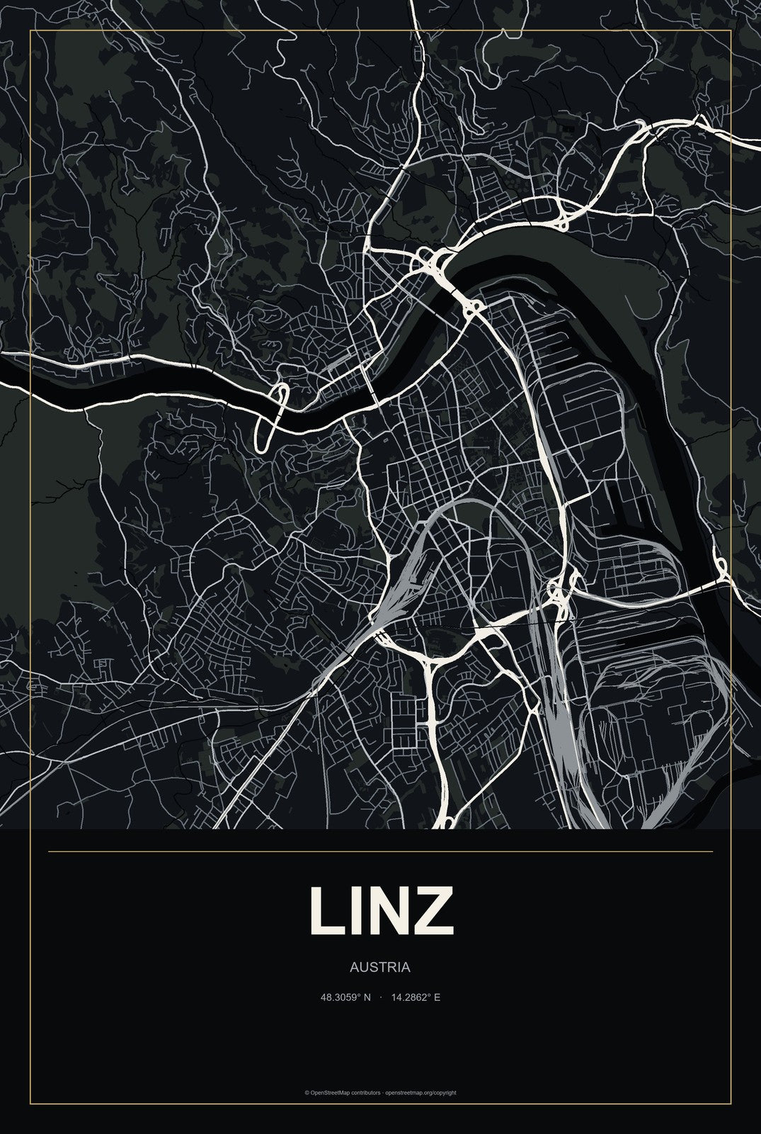 Linz, Austria City Map Aluminum Sign in Metropolitan Noir style
