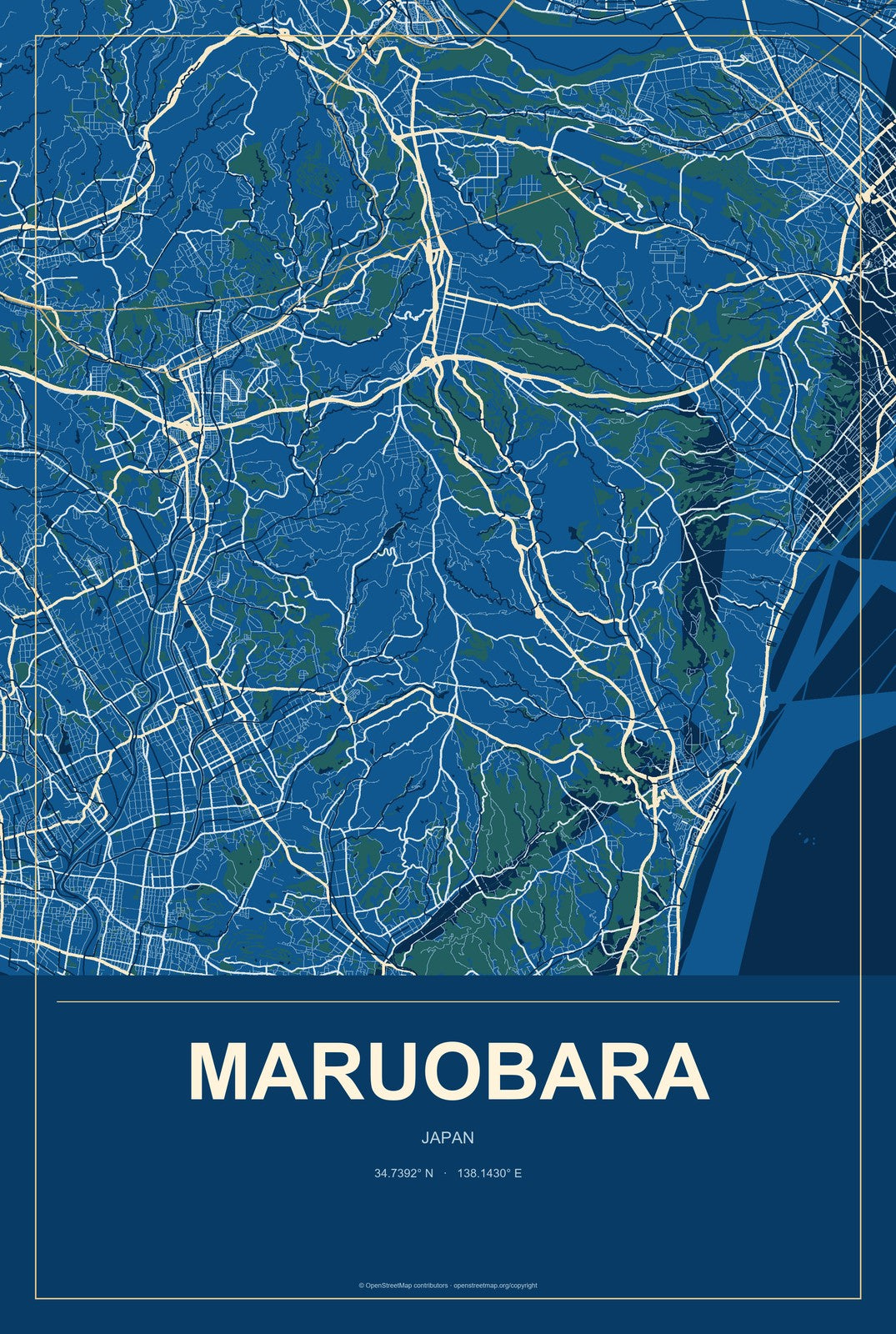 Maruobara, Japan City Map Aluminum Sign in Harbor Cobalt style
