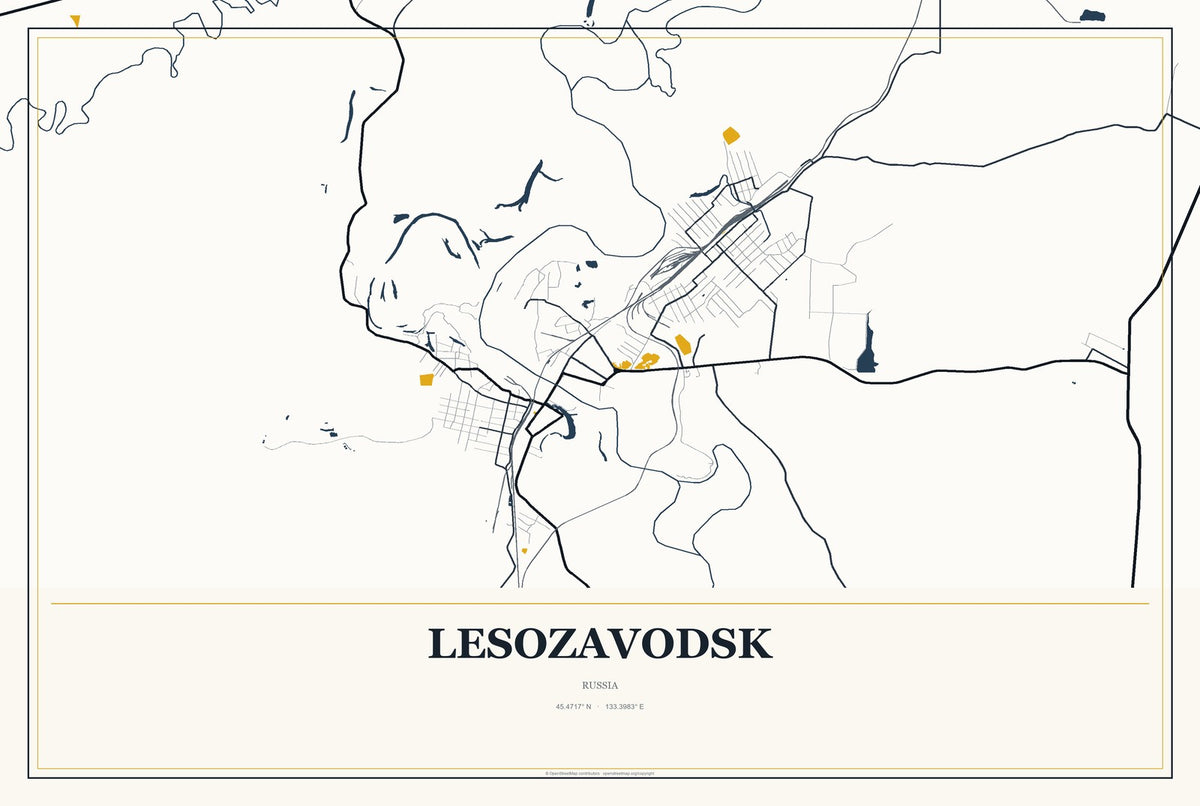 Lesozavodsk, Russia City Map Aluminum Sign in Citrine Modern style
