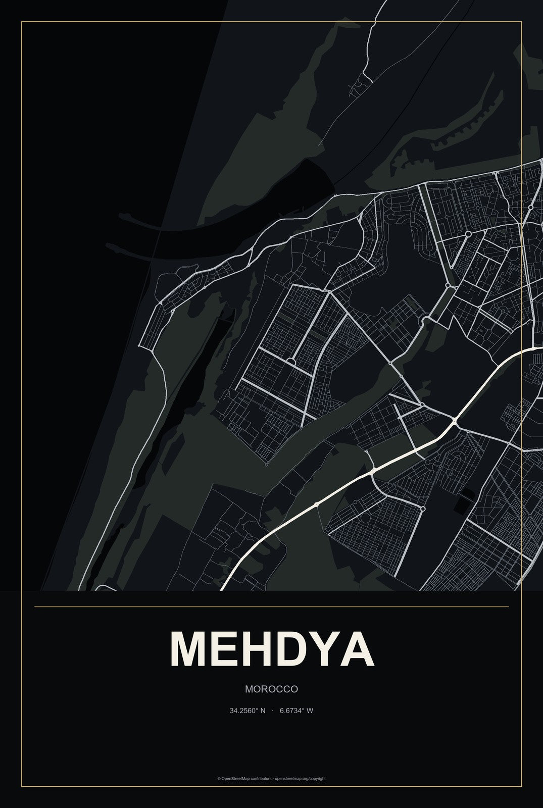 Mehdya, Morocco City Map Aluminum Sign in Metropolitan Noir style