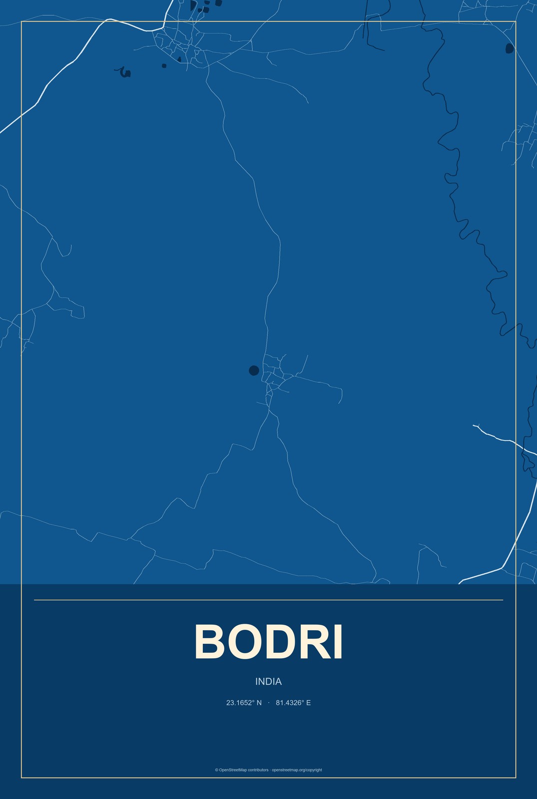 Bodri, India City Map Aluminum Sign in Harbor Cobalt style
