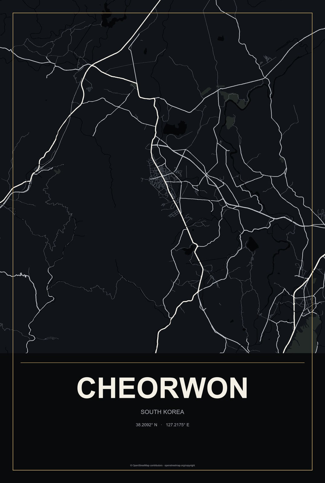 Cheorwon, South Korea City Map Aluminum Sign in Metropolitan Noir style