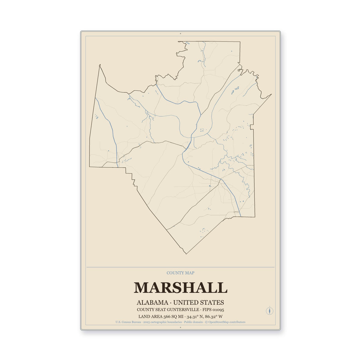 Marshall County, Alabama Map Aluminum Sign in Heritage Nautical style
