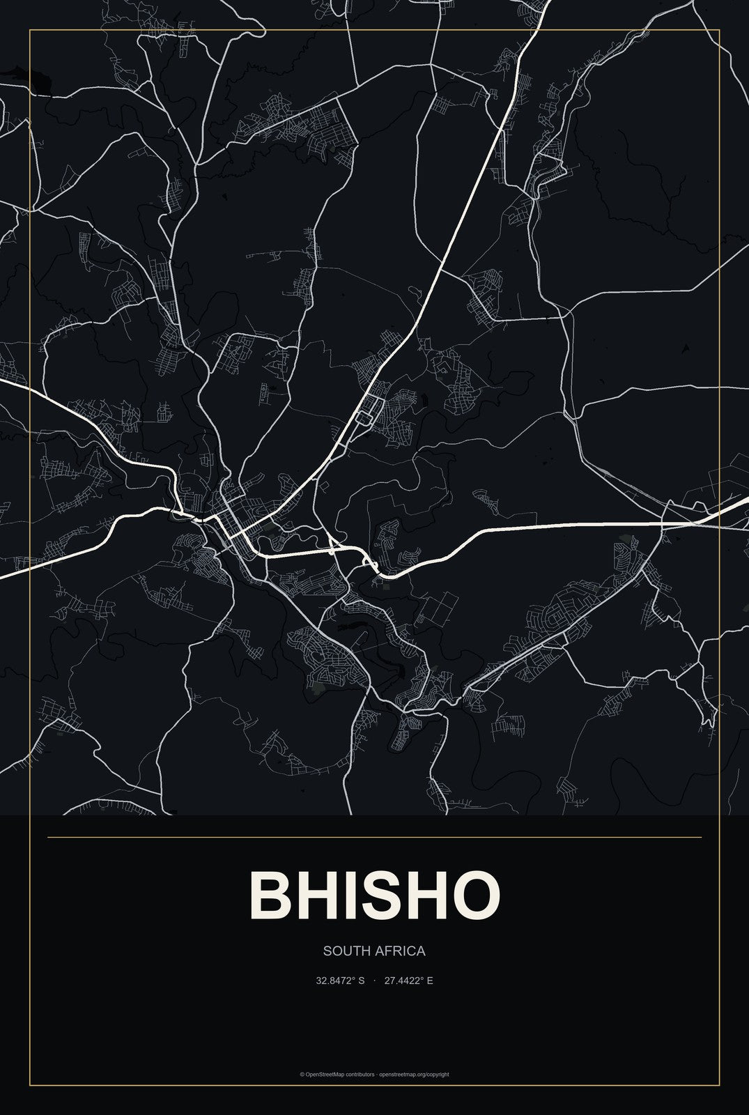 Bhisho, South Africa City Map Aluminum Sign in Metropolitan Noir style