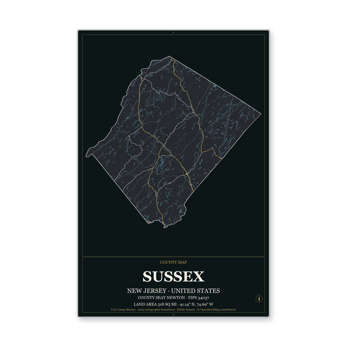 Sussex County, New Jersey Map Aluminum Sign in Metropolitan Noir style