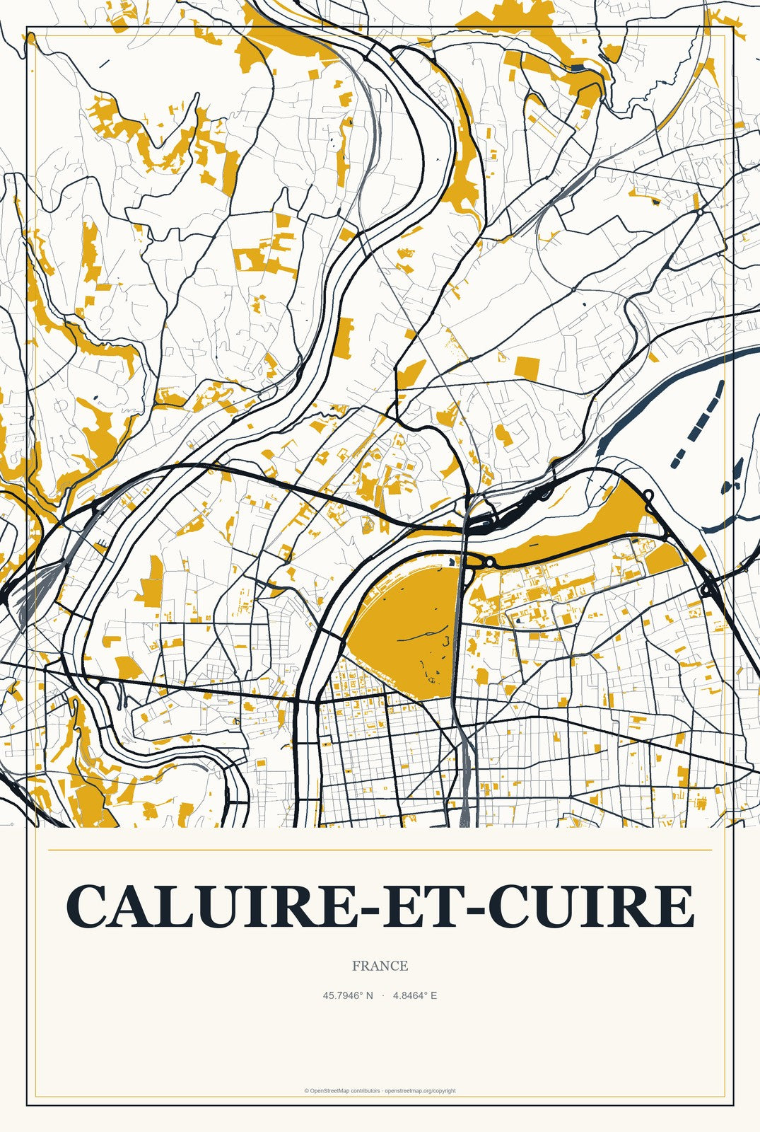 Caluire-et-Cuire, France City Map Aluminum Sign in Citrine Modern style